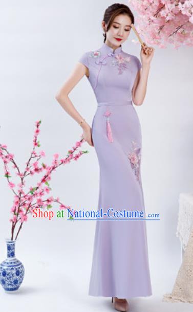 Chinese Chorus Embroidered Peony Lilac Qipao Dress Traditional National Compere Cheongsam Costume for Women