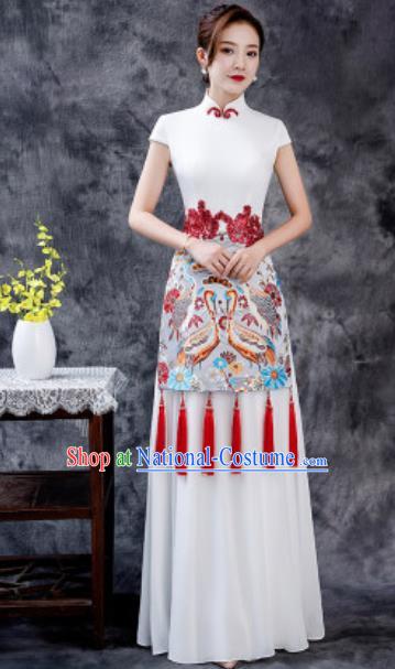 Chinese Chorus Printing White Chiffon Qipao Dress Traditional National Compere Cheongsam Costume for Women