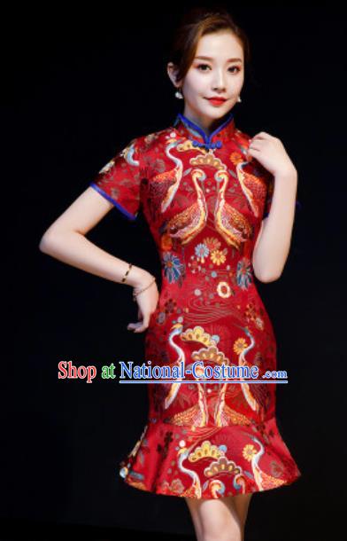 Chinese Chorus Red Brocade Short Qipao Dress Traditional National Compere Cheongsam Costume for Women