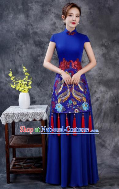 Chinese Chorus Printing Royalblue Chiffon Full Dress Traditional National Compere Cheongsam Costume for Women