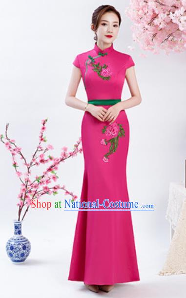 Chinese Chorus Embroidered Peony Rosy Qipao Dress Traditional National Compere Cheongsam Costume for Women