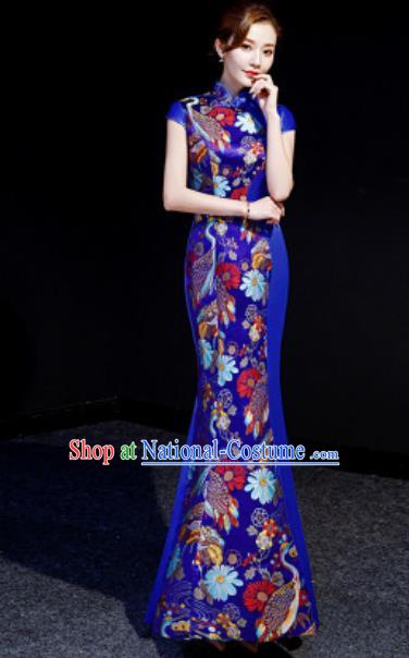 Chinese Chorus Royalblue Mermaid Qipao Dress Traditional National Compere Cheongsam Costume for Women