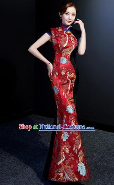 Chinese Chorus Red Mermaid Qipao Dress Traditional National Compere Cheongsam Costume for Women