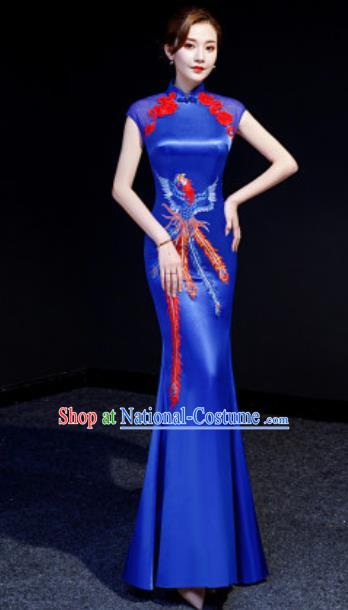 Chinese Chorus Embroidered Phoenix Royalblue Mermaid Qipao Dress Traditional National Compere Cheongsam Costume for Women