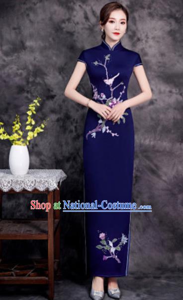 Chinese Chorus Embroidered Navy Qipao Dress Traditional National Compere Cheongsam Costume for Women