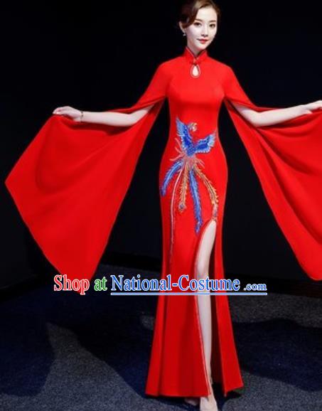 Chinese National Embroidered Phoenix Red Qipao Dress Traditional Compere Cheongsam Costume for Women