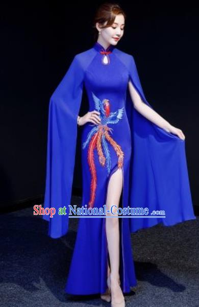 Chinese National Embroidered Phoenix Royalblue Qipao Dress Traditional Compere Cheongsam Costume for Women