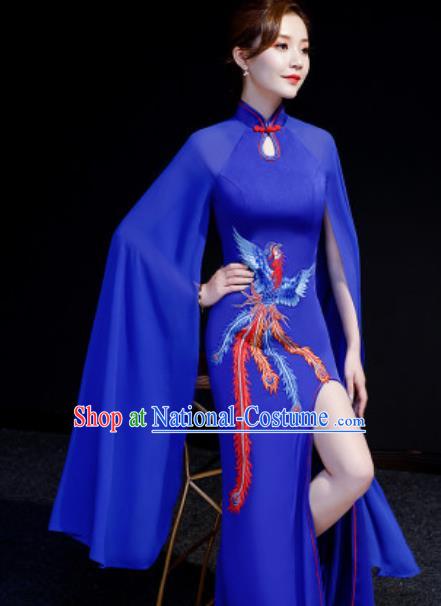 Chinese National Embroidered Phoenix Royalblue Qipao Dress Traditional Compere Cheongsam Costume for Women