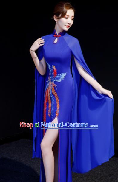 Chinese National Embroidered Phoenix Royalblue Qipao Dress Traditional Compere Cheongsam Costume for Women