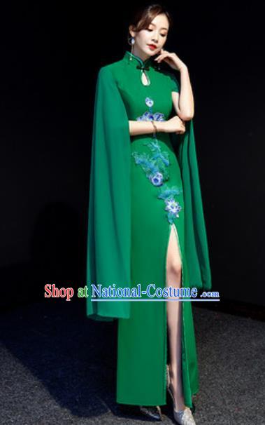 Chinese National Embroidered Lotus Green Qipao Dress Traditional Compere Cheongsam Costume for Women