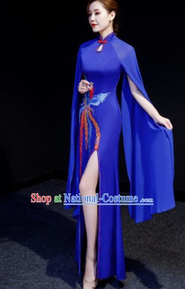 Chinese National Embroidered Phoenix Royalblue Qipao Dress Traditional Compere Cheongsam Costume for Women