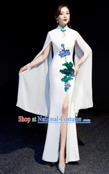 Chinese National Embroidered Lotus White Qipao Dress Traditional Compere Cheongsam Costume for Women