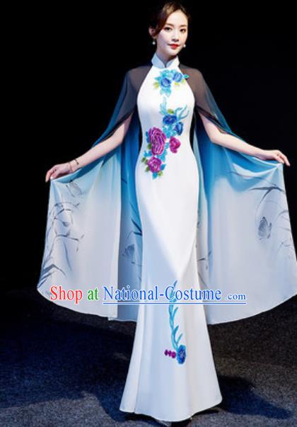 Chinese National Embroidered Peony White Qipao Dress Traditional Compere Cheongsam Costume for Women