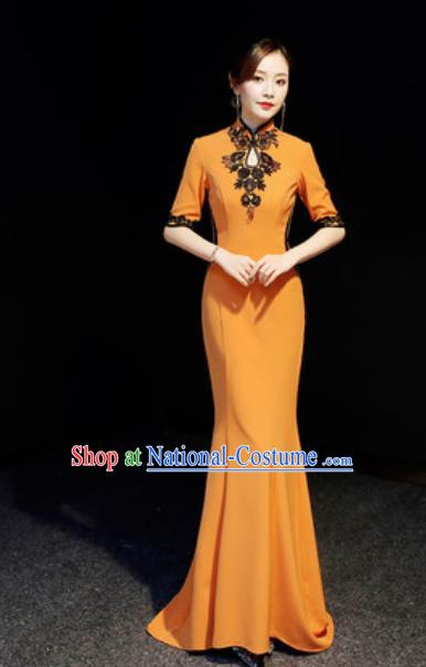 Chinese National Orange Trailing Qipao Dress Traditional Compere Cheongsam Costume for Women