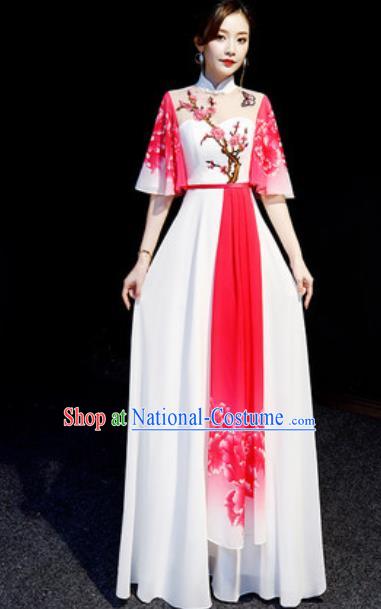 Chinese National Embroidered Plum White Qipao Dress Traditional Compere Cheongsam Costume for Women