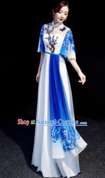 Chinese National Embroidered Plum Blue Qipao Dress Traditional Compere Cheongsam Costume for Women