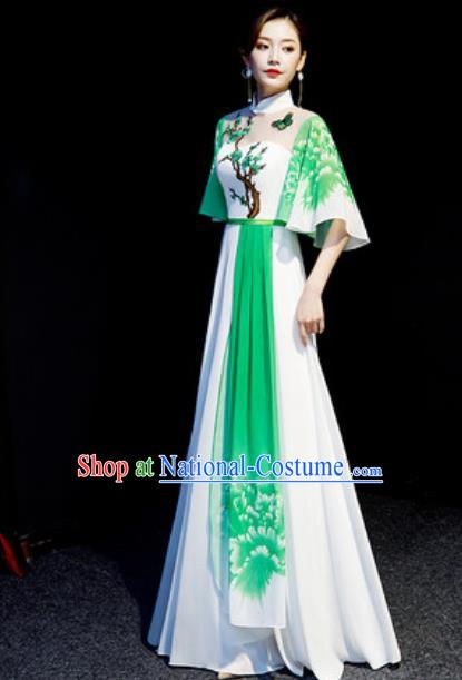 Chinese National Embroidered Plum Green Qipao Dress Traditional Compere Cheongsam Costume for Women