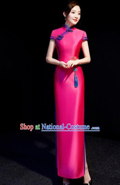 Chinese National Rosy Qipao Dress Traditional Compere Cheongsam Costume for Women