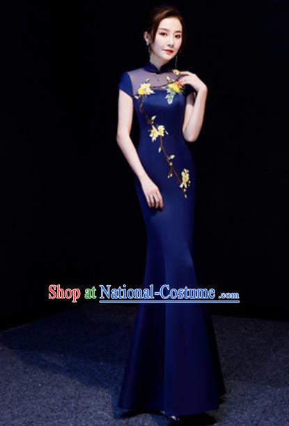 Chinese National Embroidered Navy Qipao Dress Traditional Compere Cheongsam Costume for Women