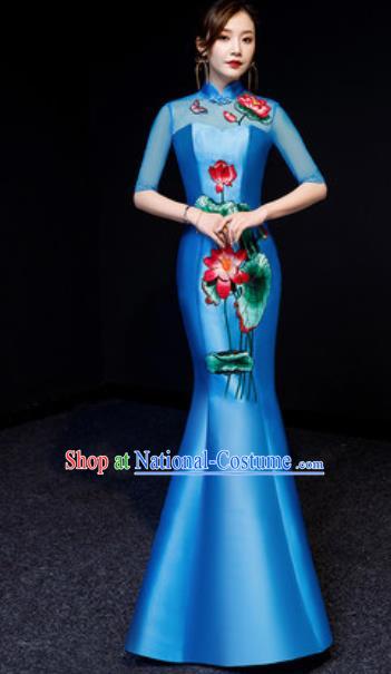 Chinese National Embroidered Lotus Blue Qipao Dress Traditional Compere Cheongsam Costume for Women