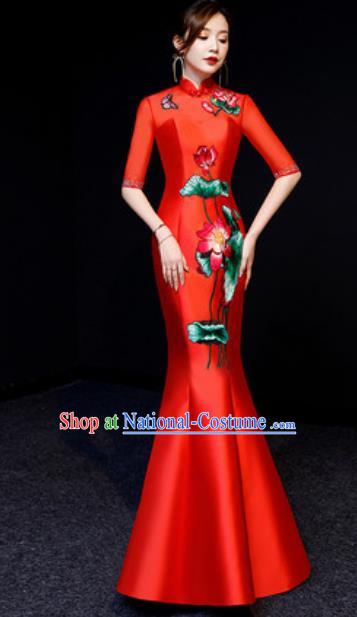 Chinese National Embroidered Lotus Red Qipao Dress Traditional Compere Cheongsam Costume for Women