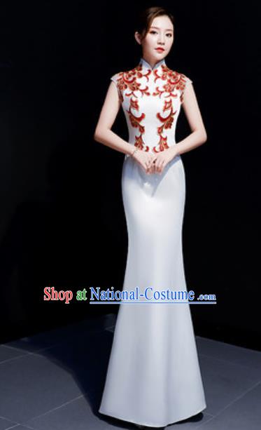 Chinese Traditional Embroidered White Qipao Dress Compere Cheongsam Costume for Women