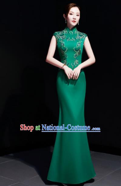 Chinese Traditional Embroidered Green Qipao Dress Compere Cheongsam Costume for Women