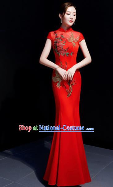 Chinese Traditional Embroidered Peony Red Qipao Dress Compere Cheongsam Costume for Women