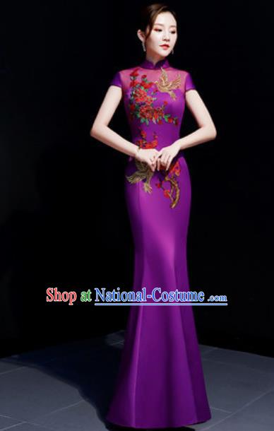 Chinese Traditional Embroidered Peony Purple Qipao Dress Compere Cheongsam Costume for Women