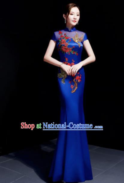 Chinese Traditional Embroidered Peony Royalblue Qipao Dress Compere Cheongsam Costume for Women