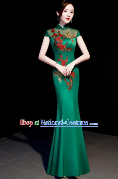 Chinese Traditional Embroidered Peony Green Qipao Dress Compere Cheongsam Costume for Women