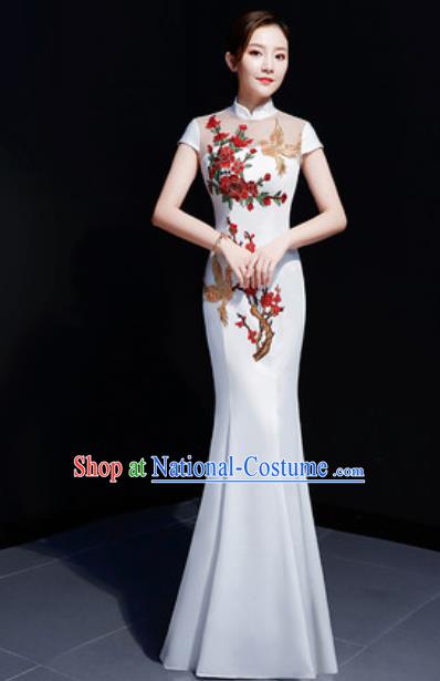 Chinese Traditional Embroidered Peony White Qipao Dress Compere Cheongsam Costume for Women