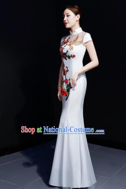 Chinese Traditional Embroidered Peony White Qipao Dress Compere Cheongsam Costume for Women