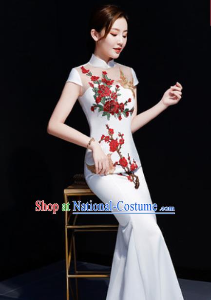 Chinese Traditional Embroidered Peony White Qipao Dress Compere Cheongsam Costume for Women