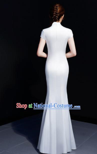 Chinese Traditional Embroidered Peony White Qipao Dress Compere Cheongsam Costume for Women