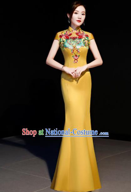 Chinese Traditional Embroidered Lotus Yellow Qipao Dress Compere Cheongsam Costume for Women