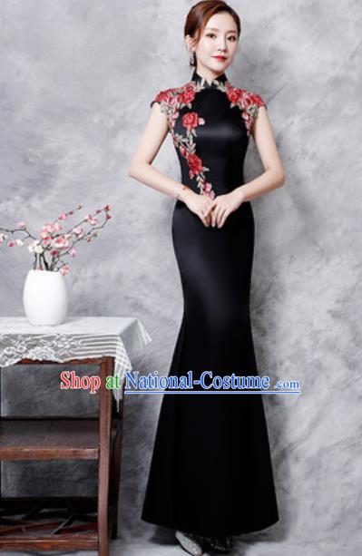 Chinese Traditional Embroidered Rose Black Qipao Dress Compere Cheongsam Costume for Women