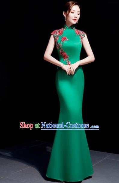 Chinese Traditional Embroidered Rose Green Qipao Dress Compere Cheongsam Costume for Women