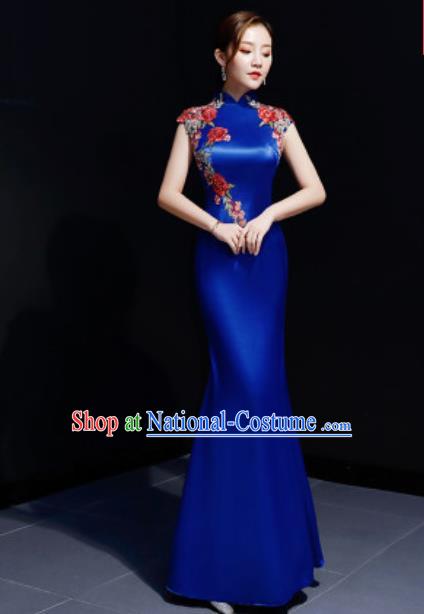 Chinese Traditional Embroidered Rose Royalblue Qipao Dress Compere Cheongsam Costume for Women