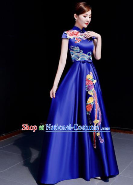 Chinese Traditional Chorus Embroidered Phoenix Peony Royalblue Dress Compere Cheongsam Costume for Women