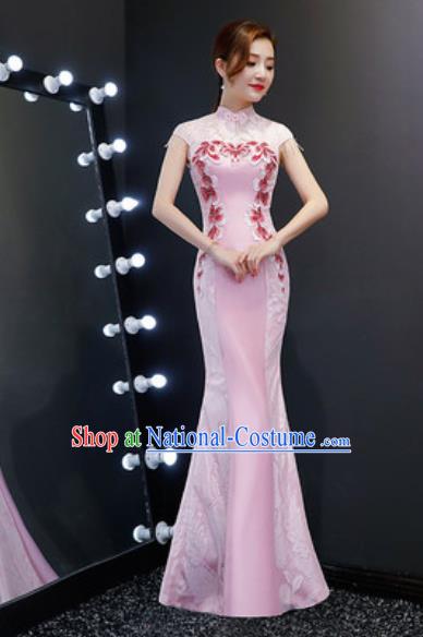 Chinese Traditional Embroidered Fishtail Pink Dress Compere Cheongsam Costume for Women