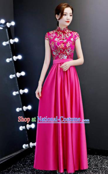 Chinese Traditional Rosy Qipao Dress Compere Cheongsam Costume for Women