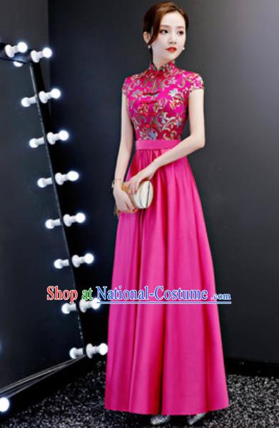 Chinese Traditional Rosy Qipao Dress Compere Cheongsam Costume for Women