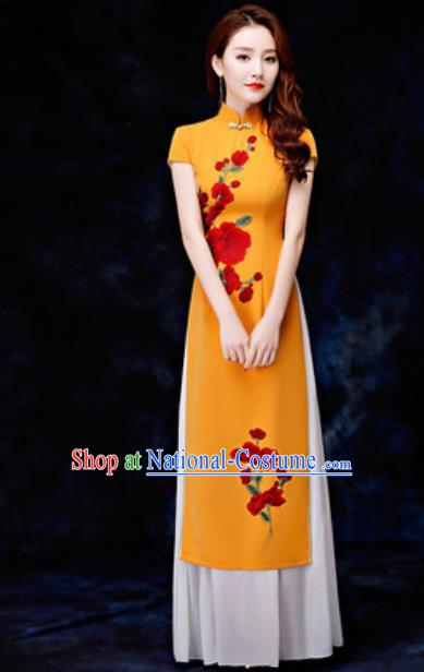 Chinese Traditional Printing Yellow Qipao Dress Compere Cheongsam Costume for Women