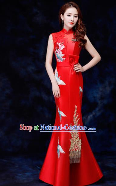 Chinese Traditional Embroidered Birds Red Qipao Dress Compere Cheongsam Costume for Women