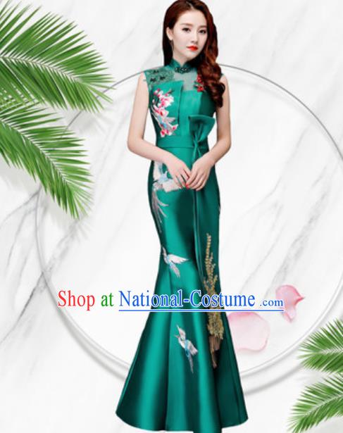 Chinese Traditional Embroidered Birds Green Qipao Dress Compere Cheongsam Costume for Women