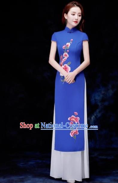 Chinese Traditional Embroidered Royalblue Qipao Dress Compere Cheongsam Costume for Women