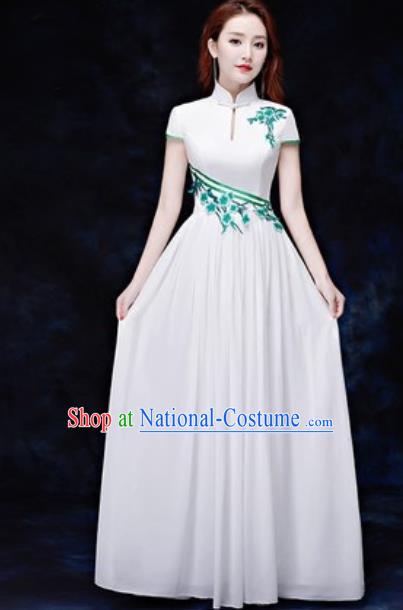 Chinese Traditional Embroidered White Qipao Dress Compere Cheongsam Costume for Women