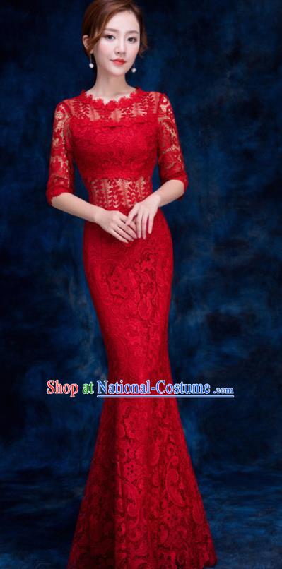 Top Compere Catwalks Red Lace Full Dress Evening Party Compere Costume for Women