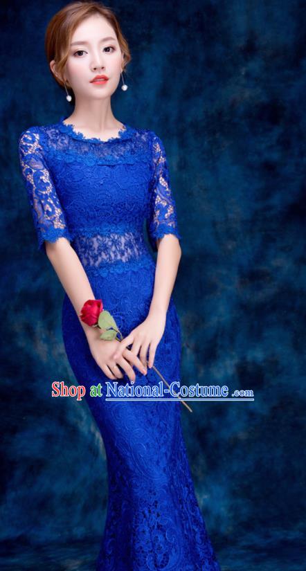 Top Compere Catwalks Royalblue Lace Full Dress Evening Party Compere Costume for Women